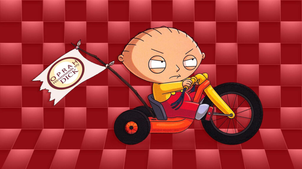 Stewie Griffin riding a tricycle with determined look red checkered background wallpaper