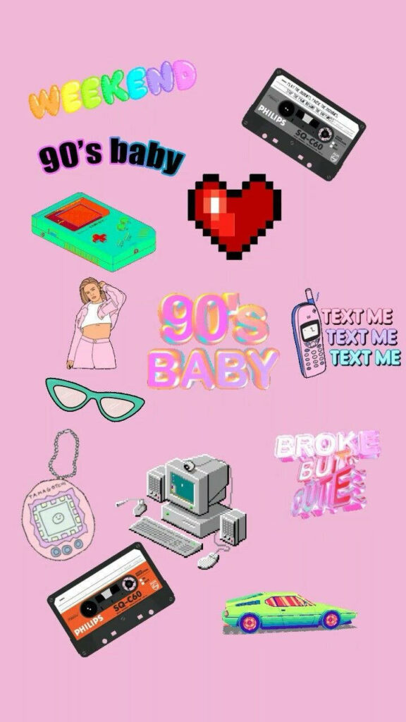 Throwback Delight: Eclectic Collection of 90s Stickers Flourishing on Pink Vintage Aesthetic Wallpaper