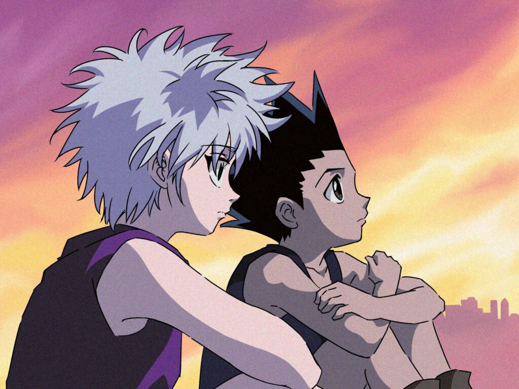Heightened Contemplation: Gon and Killua Engrossed in Deep Thought amidst the Majestic Urban Twilight Wallpaper