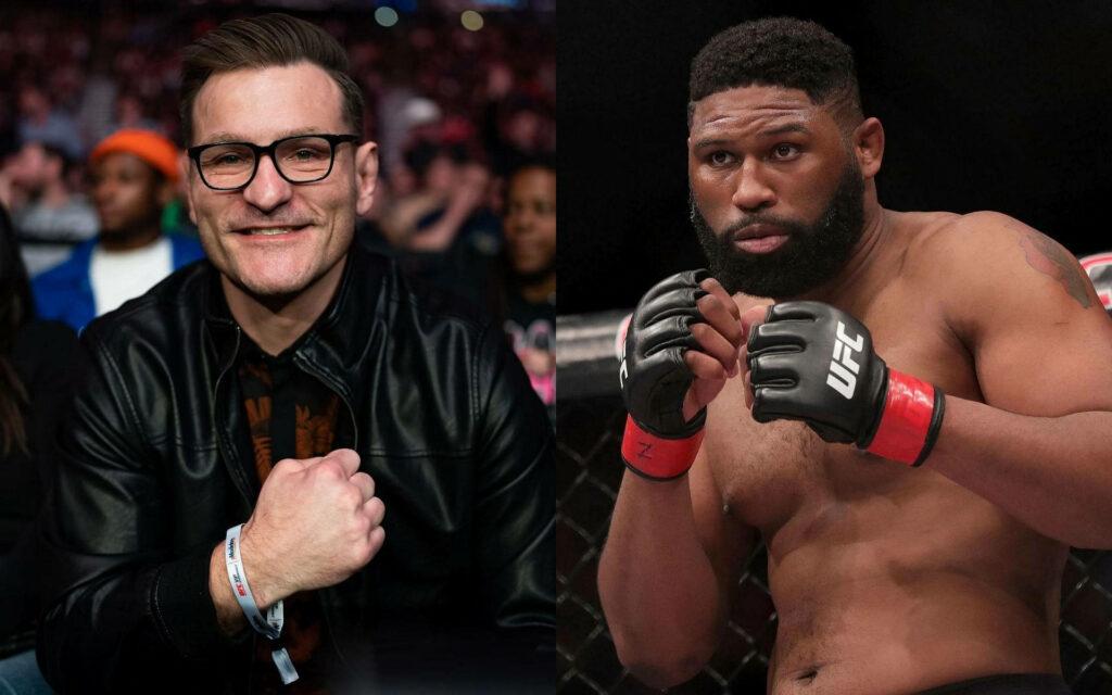 UFC fighters Stipe Miocic smiling in leather jacket and Curtis Blaydes fighting stance wallpaper