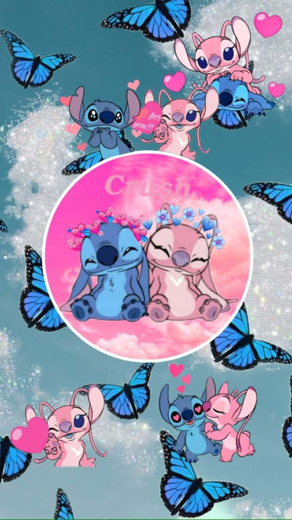 Stitch & Angel Wallpaper: Dreamy Clouds & Vibrant Butterflies Design
