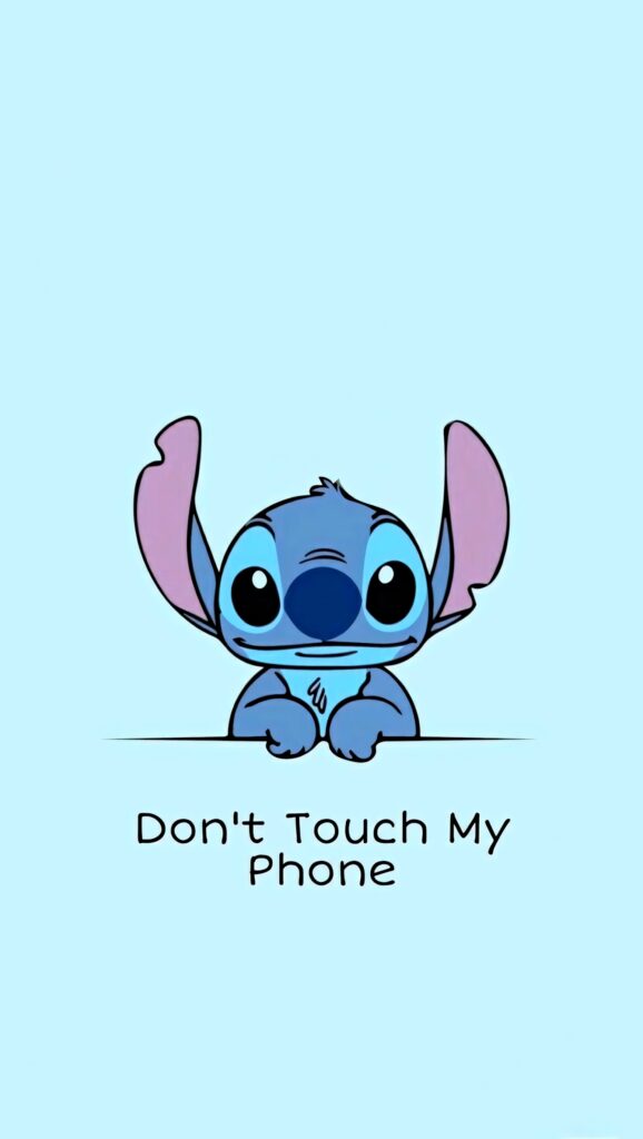 Stitch from Disney Lilo and Stitch on blue background with playful Dont Touch My Phone message wallpaper