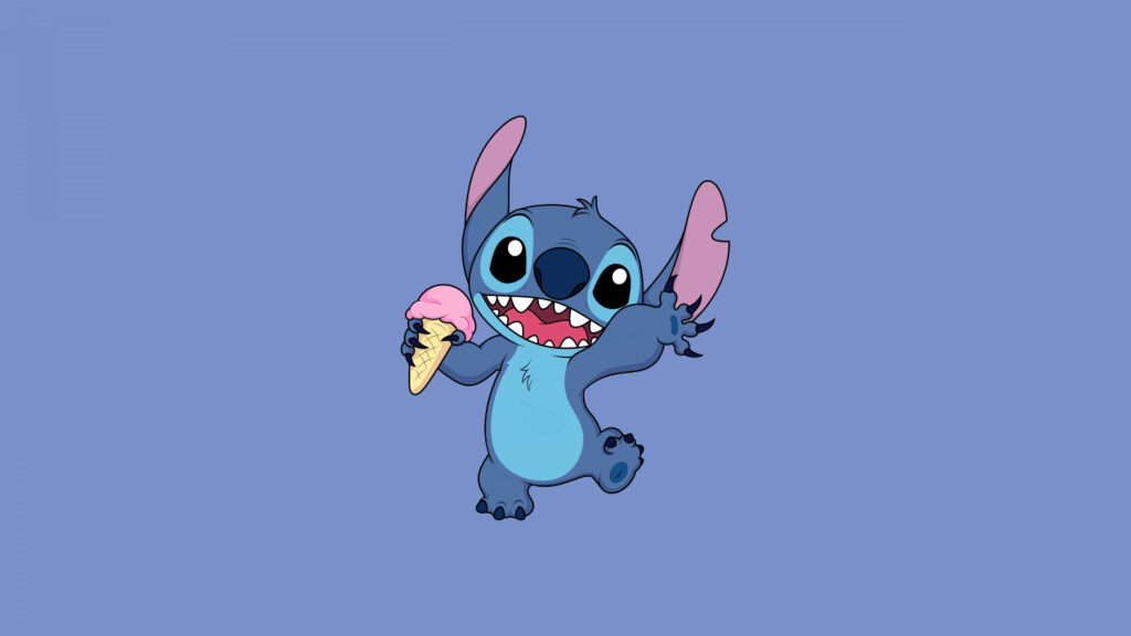 Stitch Enjoys Ice Cream: Whimsical Moment on Blue Background Wallpaper