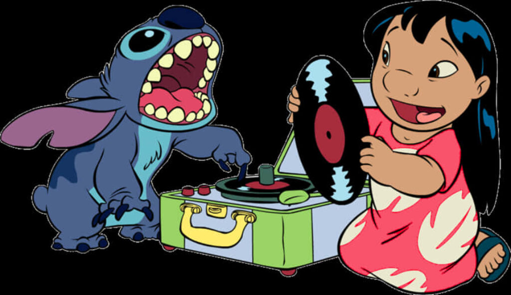 Stitch and Lilo's Musical Moment: Vibrant Vintage Wallpaper
