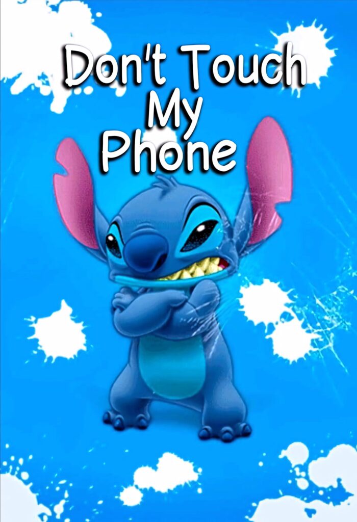 Stitch with mischievous grin on blue cracked glass background bold Dont Touch My Phone wallpaper