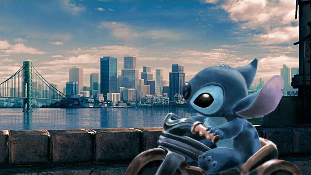 Stitch Riding a Bike in Urban Cityscape Wallpaper