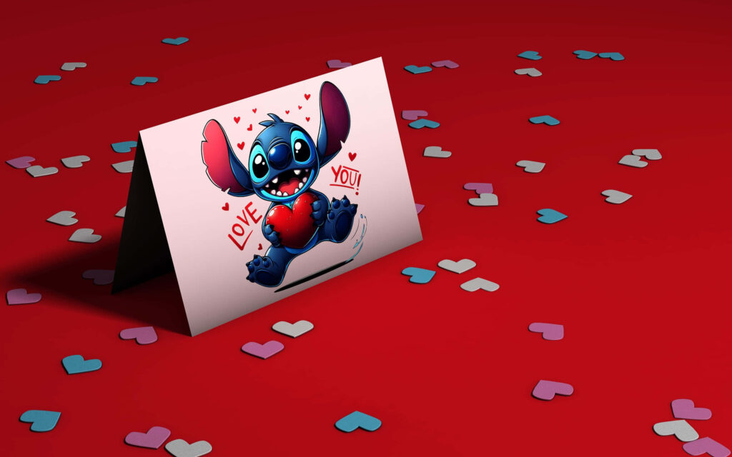 Playful Valentine's Day Card Wallpaper: Stitch & Hearts on Red