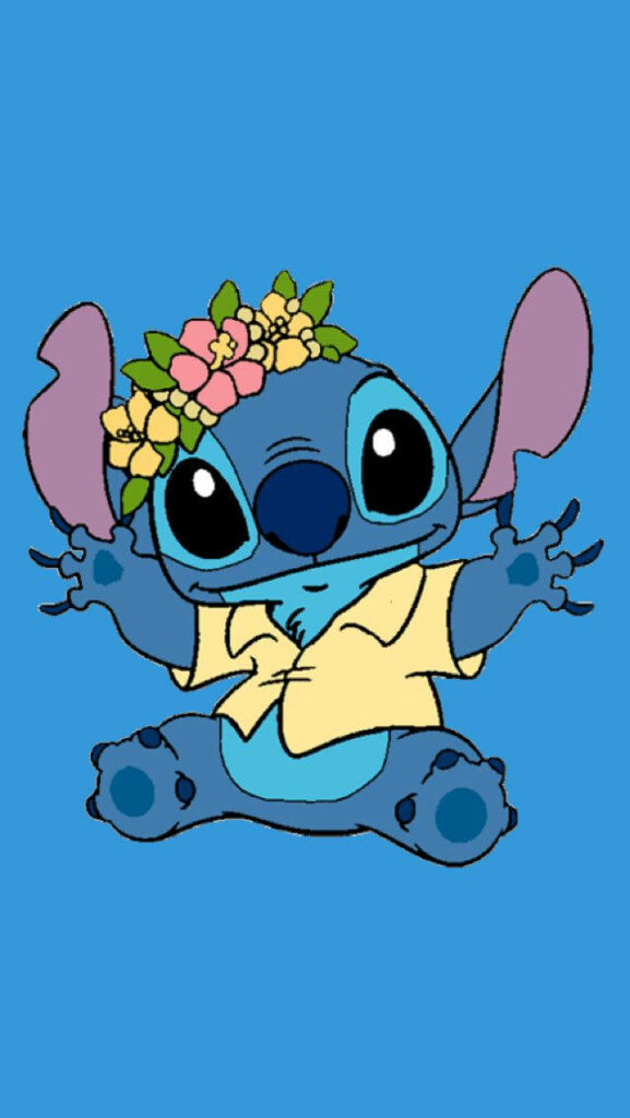 Adorable Stitch with Flower Crown against Blue Background Wallpaper