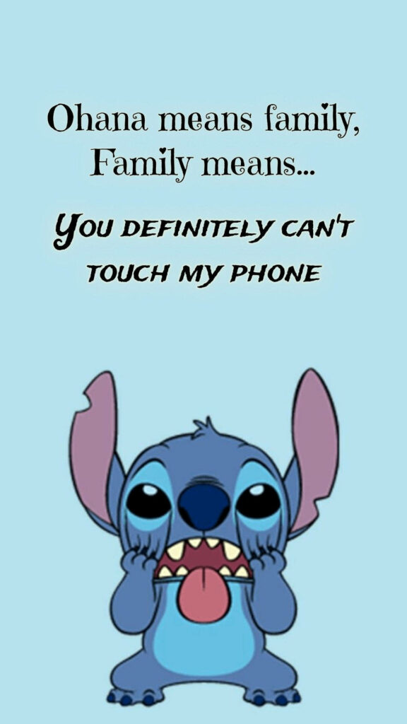 Cute Stitch Wallpaper: 'Ohana Means Family' Quote on Blue Background