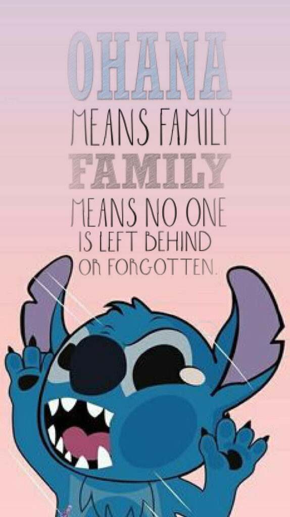 Stitch Wallpaper: Playful Blue Character & Heartwarming Ohana Quote