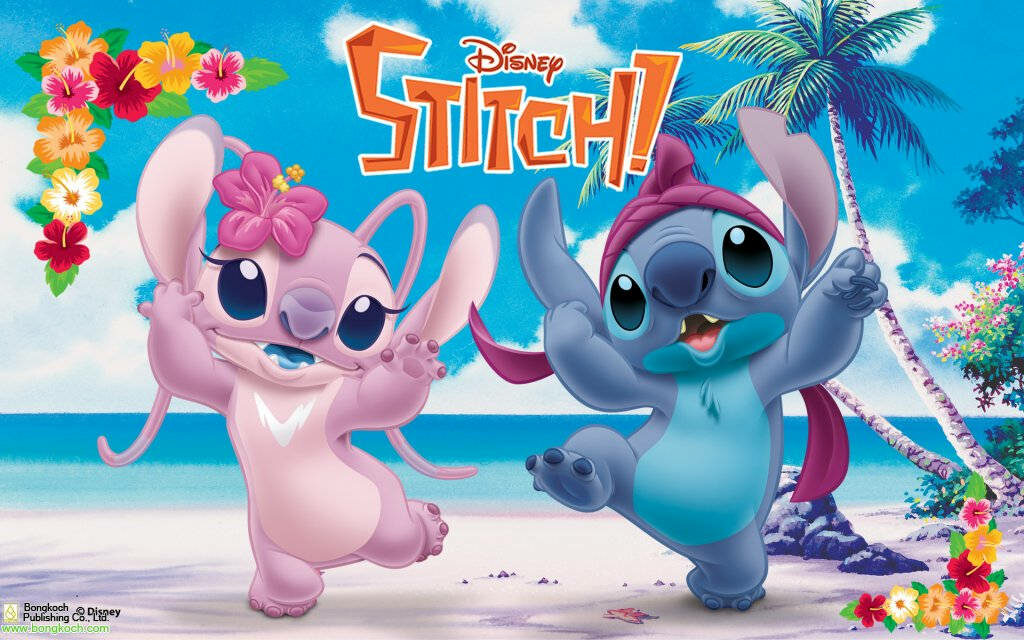 Stitch & Angel Beach Fun: Vibrant Tropical Wallpaper Background