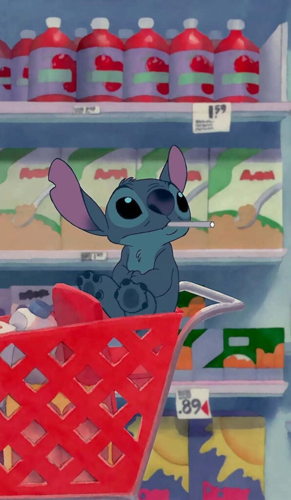 Charming Stitch in a Grocery Cart: Colorful Disney Wallpaper