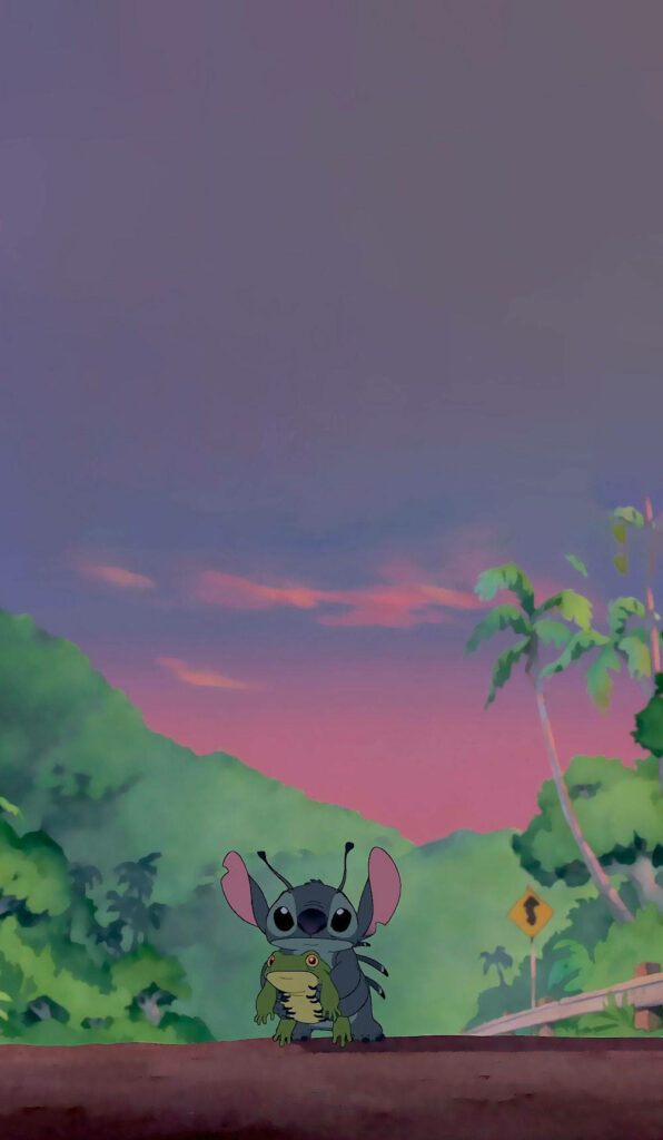 Stitch Holding Frog in Vibrant Tropical Landscape - Colorful Wallpaper
