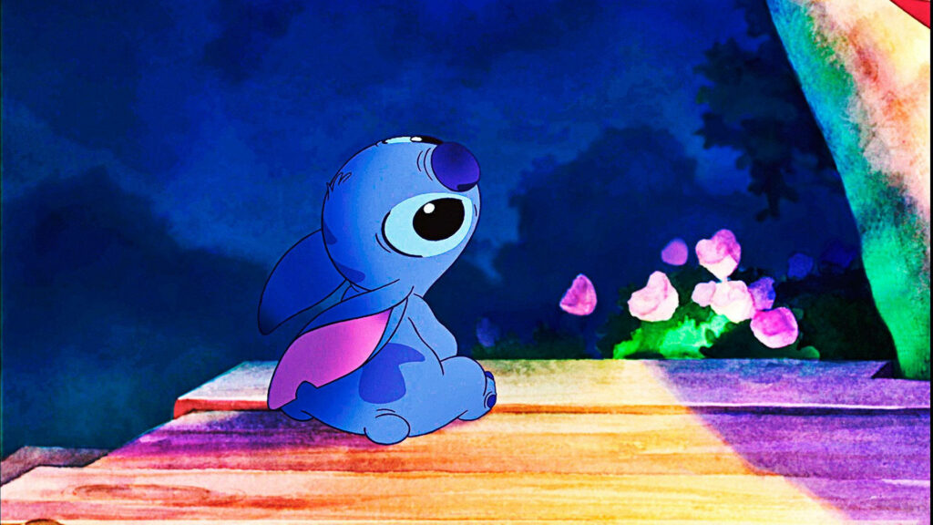 Colorful wallpaper of Stitch from Lilo and Stitch sitting on wood under starry night sky bright background