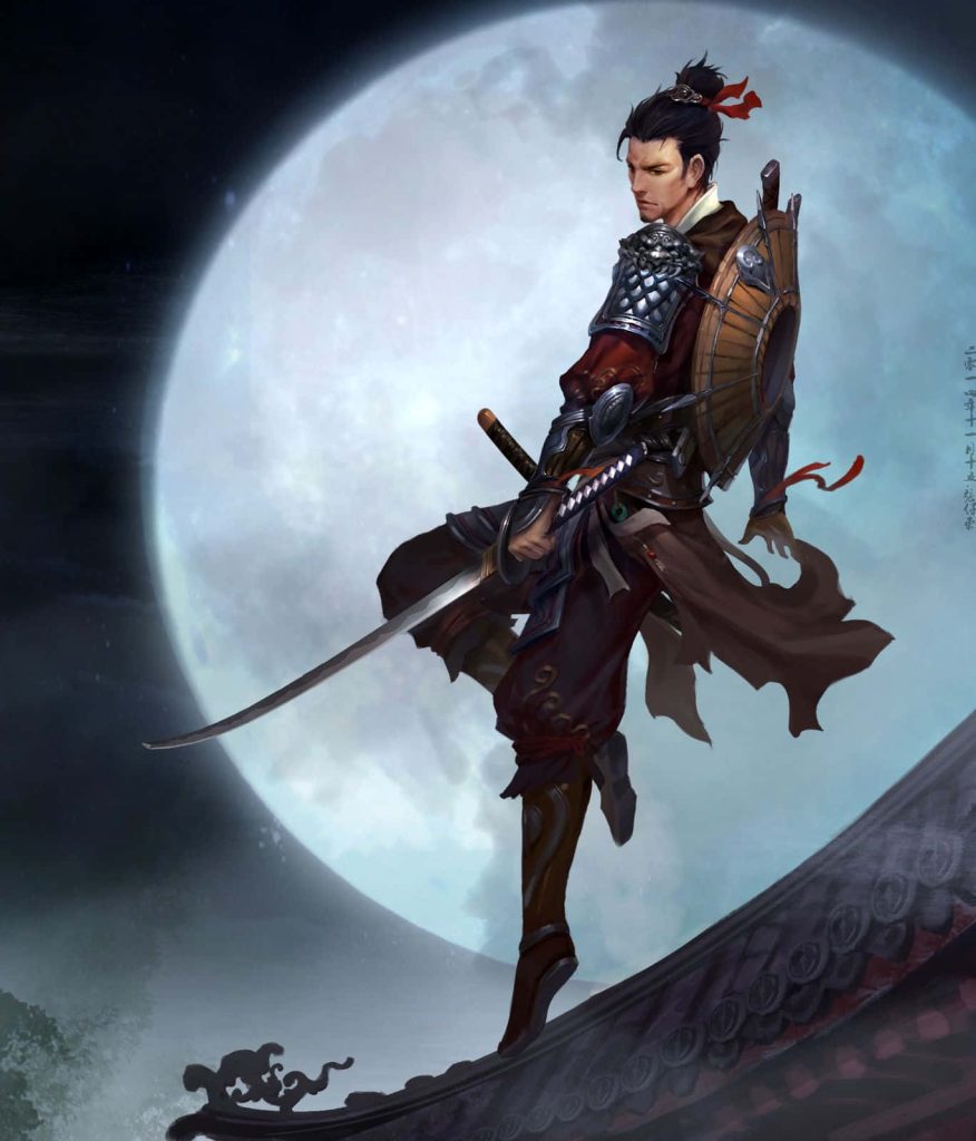 Stoic samurai warrior on roof ridge under full moon wearing traditional armor and straw hat Wallpaper