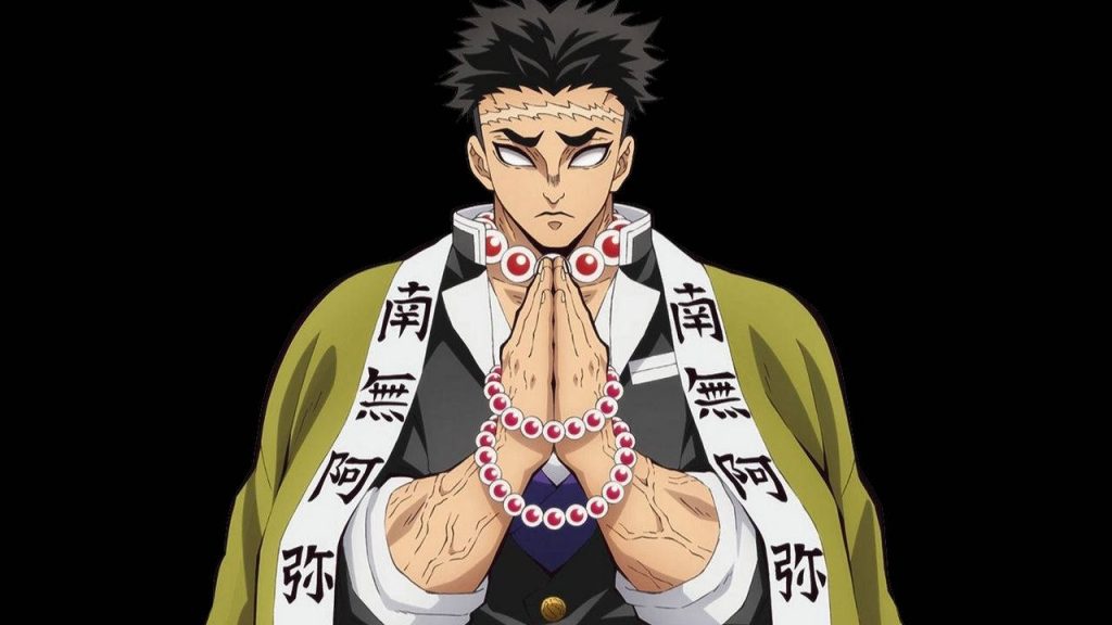 Gyomei Himejima Stone Hashira Demon Slayer wallpaper meditative prayer beads black background