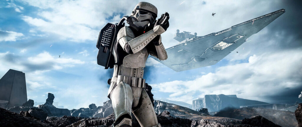 Battle-Ready Stormtrooper Wallpaper in War-Torn Landscape