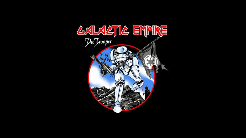 Stormtrooper charging with Imperial flag and Darth Vader silhouette heavy metal Star Wars wallpaper