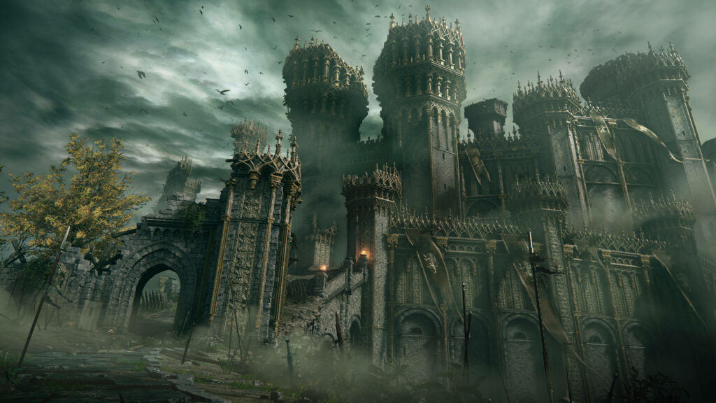 Stormveil Castle Elden Ring towering gothic architecture shrouded in mist and clouds wallpaper