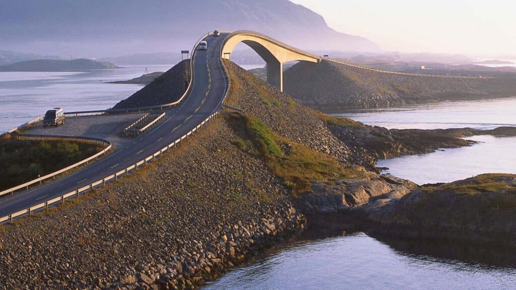 Storseisundet Bridge Wallpaper: Vehicles & Scenic Natural Beauty