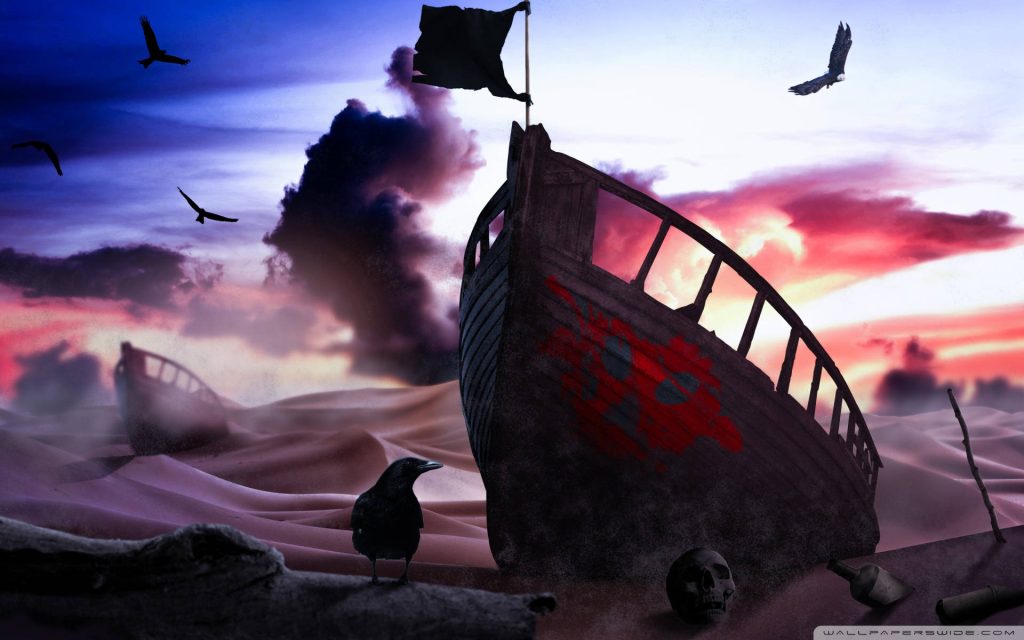 Moody desert ghost ship with red skull and raven at sunset pirate wallpaper background