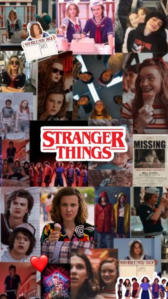 Stranger Things wallpaper collage featuring Eleven Steve Robin Max Scoops Ahoy and Will Byers poster