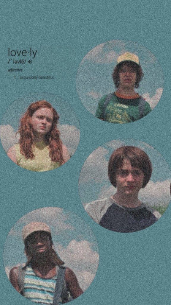 Stranger Things wallpaper with Dustin Max Will Lucas portraits on grainy teal background and lovely text