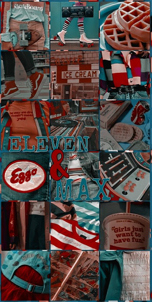 Stranger Things 80s wallpaper collage with Eleven Max Eggo waffles roller skates arcade games