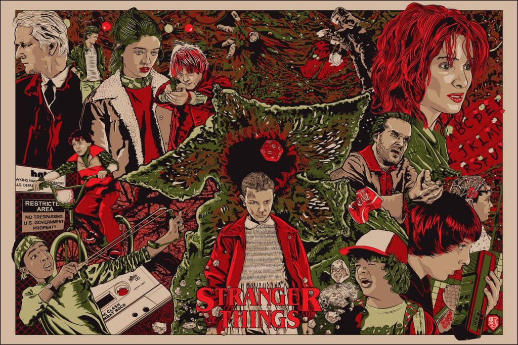 Stranger Things 80s retro wallpaper with Eleven Demogorgon Hopper and Hawkins crew collage