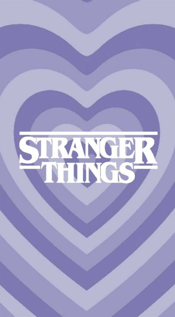 Stranger Things wallpaper with white logo on pastel purple concentric heart background mobile design