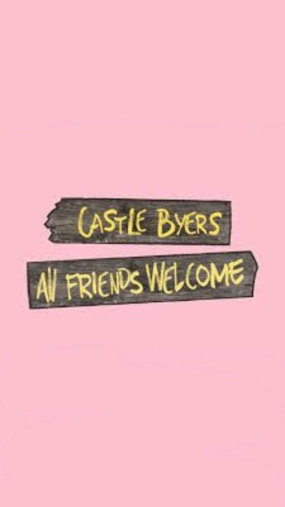 Stranger Things Castle Byers wooden signs on soft pink background nostalgic wallpaper