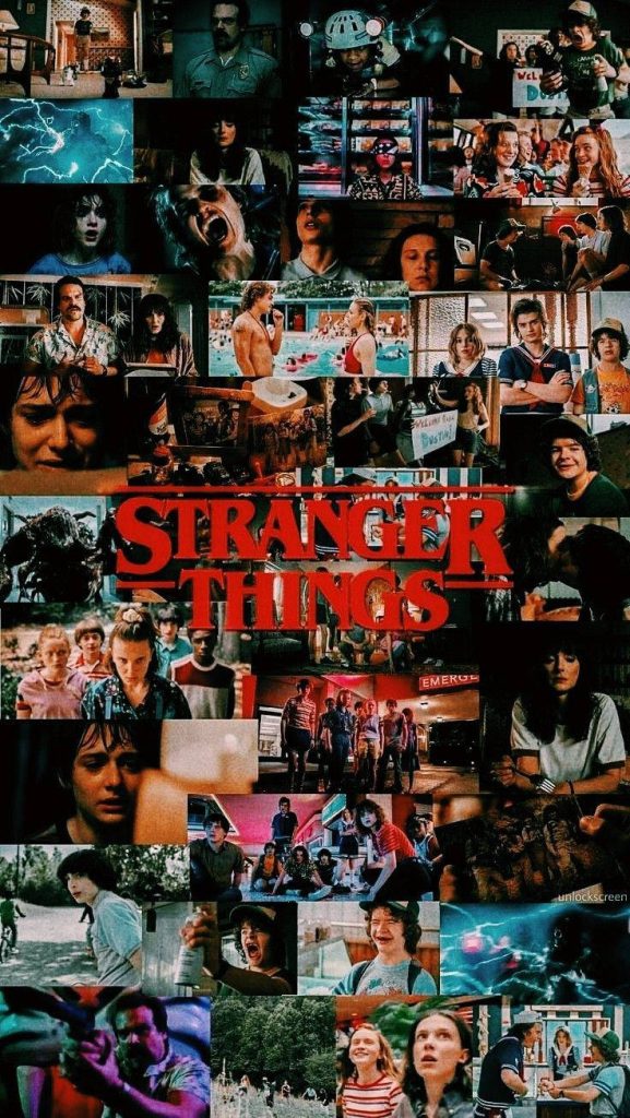 Stranger Things collage wallpaper with Eleven Hopper Steve Hawkins gang 80s dark mystery logo
