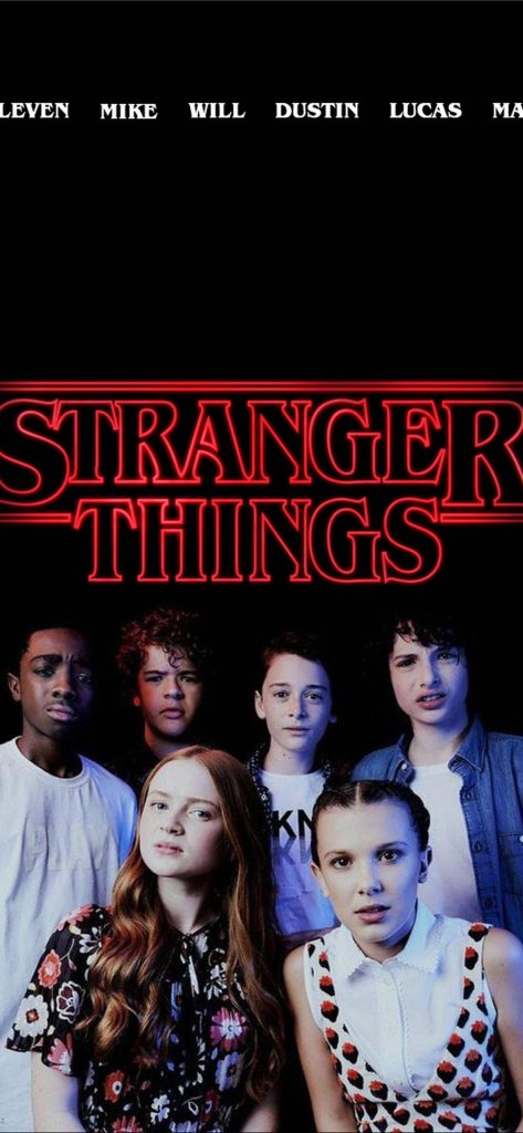 Stranger Things wallpaper with Eleven Mike Will Dustin Lucas Max under iconic red logo dark background