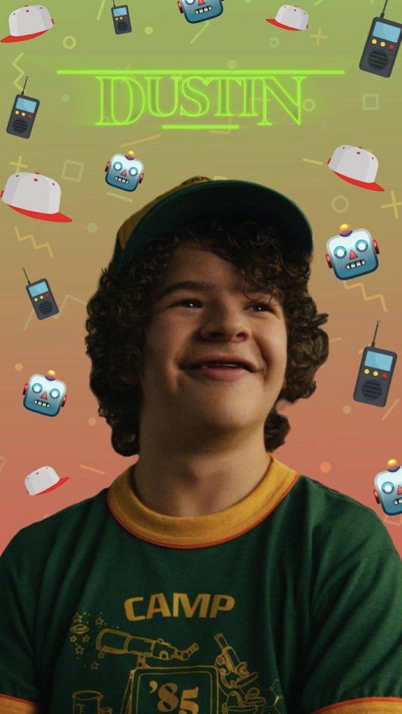Stranger Things Dustin Henderson 80s wallpaper retro walkie-talkies robots olive green background