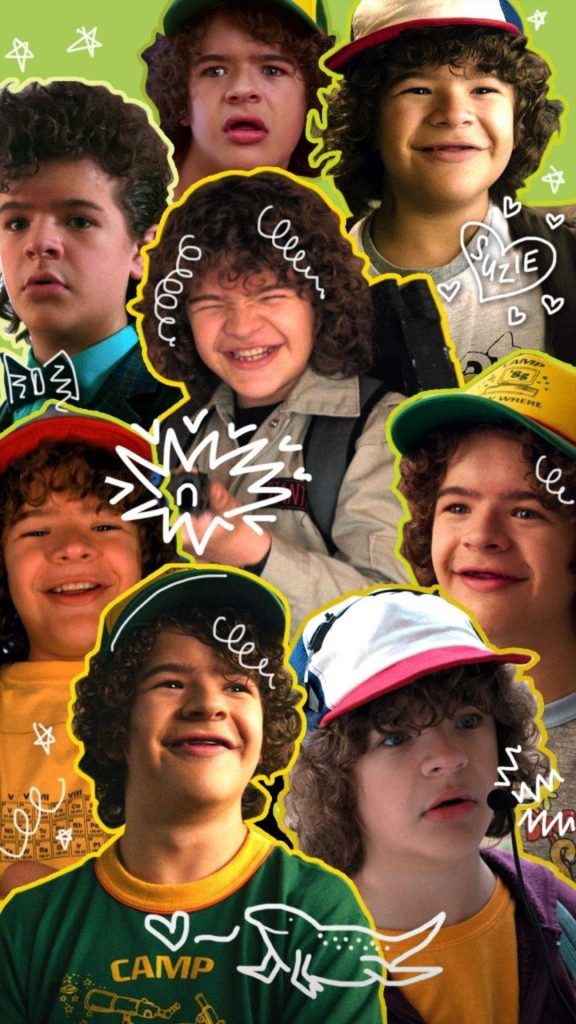Stranger Things Dustin Henderson wallpaper with hand-drawn doodles on retro green background