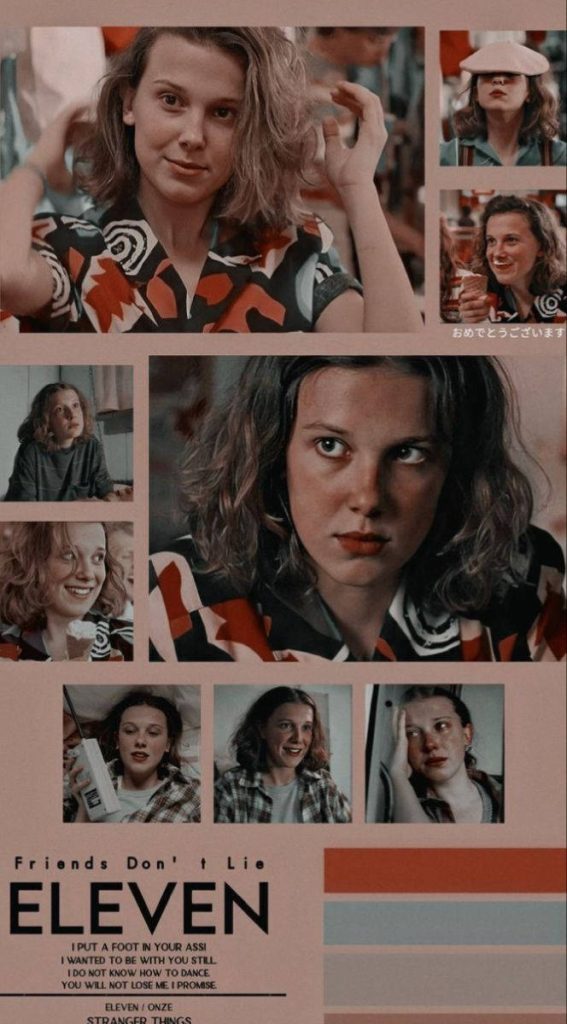 Stranger Things Eleven Millie Bobby Brown collage wallpaper with pink background and quote Friends Don’t Lie