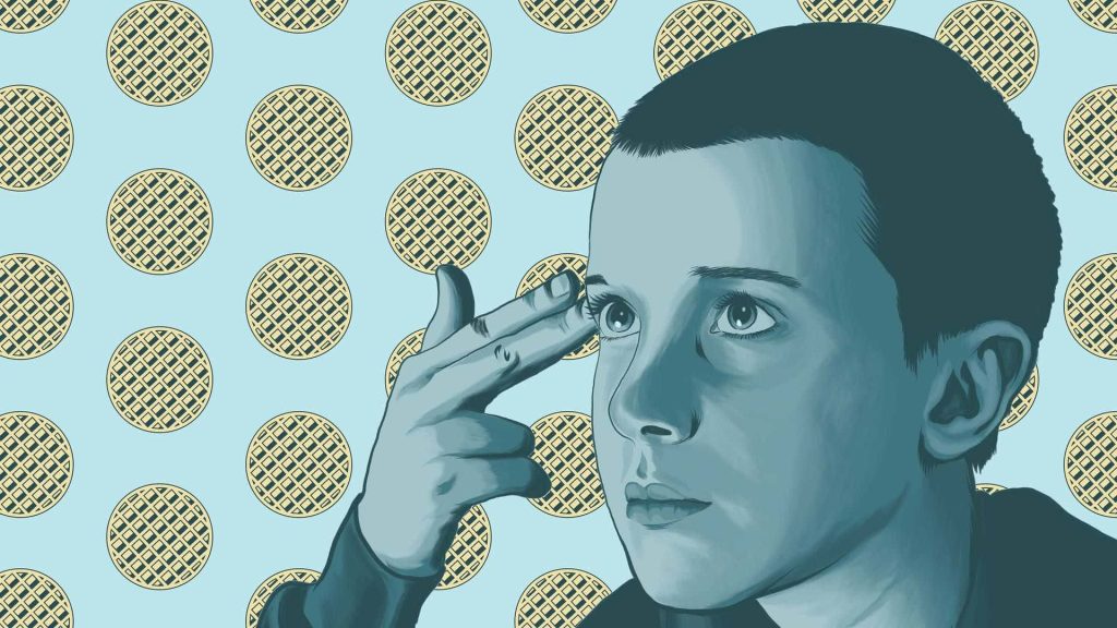 Stranger Things Eleven digital art telekinetic pose with golden waffle pattern on blue background Wallpaper