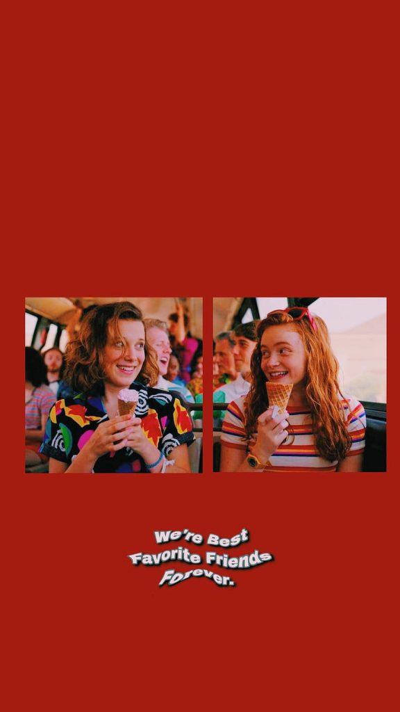 Stranger Things Eleven and Max 80s wallpaper ice cream best friends vibrant red background