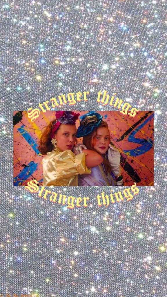 Stranger Things wallpaper featuring Millie Bobby Brown as Eleven and Sadie Sink as Max in retro 80s style