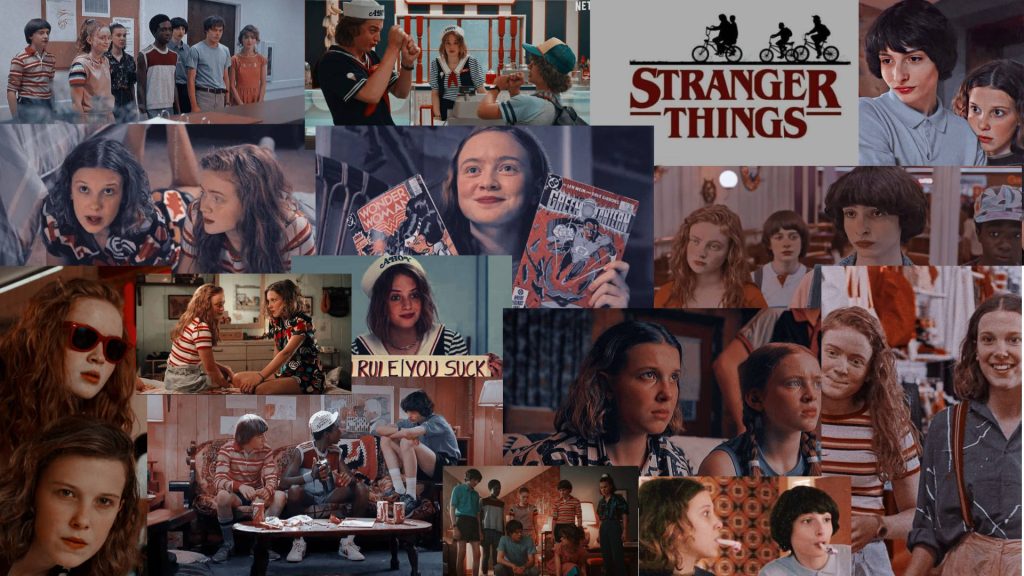 Stranger Things wallpaper collage featuring Eleven Max Mike 80s retro style and Scoops Ahoy crew