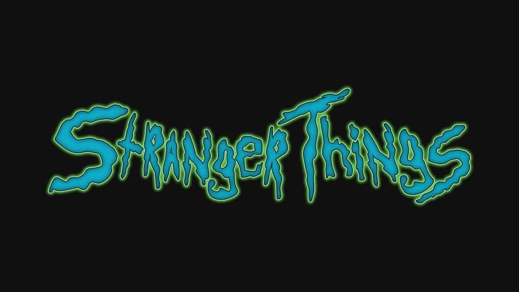 Stranger Things wallpaper with melting cyan logo and neon green glow on black background