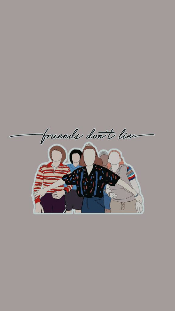 Stranger Things wallpaper with minimalist Eleven and friends don't lie quote on gray background
