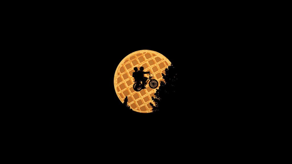 Minimalist Stranger Things wallpaper silhouette riders bicycles crossing golden waffle moon
