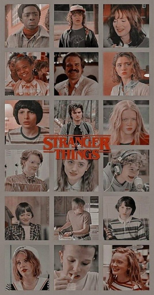 Stranger Things wallpaper with Eleven Mike Dustin Hopper Steve retro 80s mystery collage background