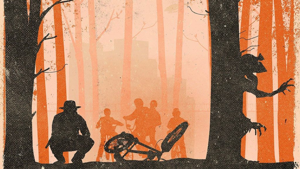 Stranger Things retro 80s wallpaper with Sheriff Hopper kids and Demogorgon in eerie forest