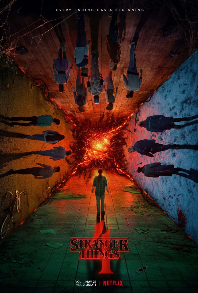 Stranger Things Season 4 poster featuring Eleven walking to glowing Upside Down portal with cast Wallpaper