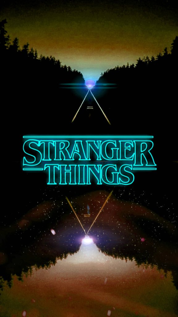 Stranger Things wallpaper with glowing cyan logo and mirrored dark forest eerie Upside Down scene