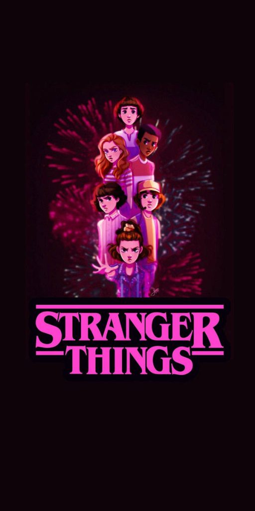Stranger Things wallpaper with Eleven Mike Dustin Lucas Will Max neon pink black Upside Down fan art