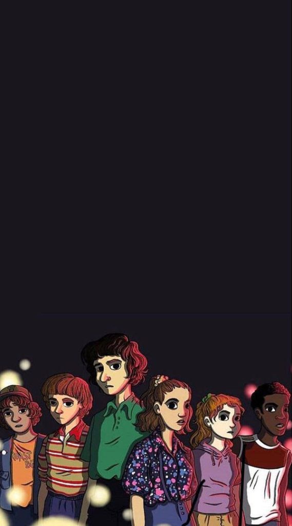 Stranger Things digital wallpaper featuring main characters in 80s style with dark moody background