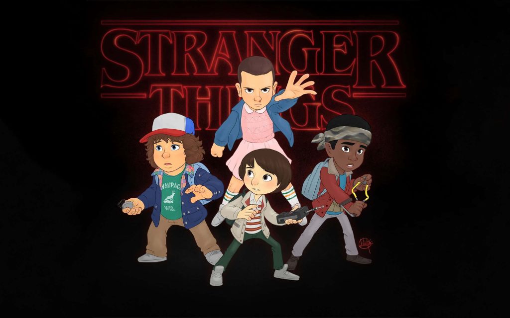 Stranger Things wallpaper with Eleven Dustin Will Lucas red logo digital illustration background